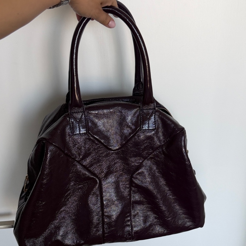 Saint Laurent Boston Hand Bag Tote Purse Y Line Patent Leather Dark purple.